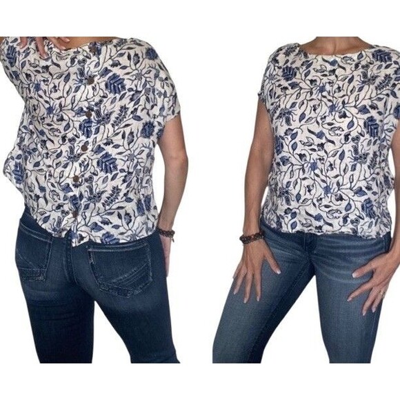 Rachel Zoe 100% Linen Button Back Top Size M Blue White Floral Boho Coastal - Picture 1 of 5